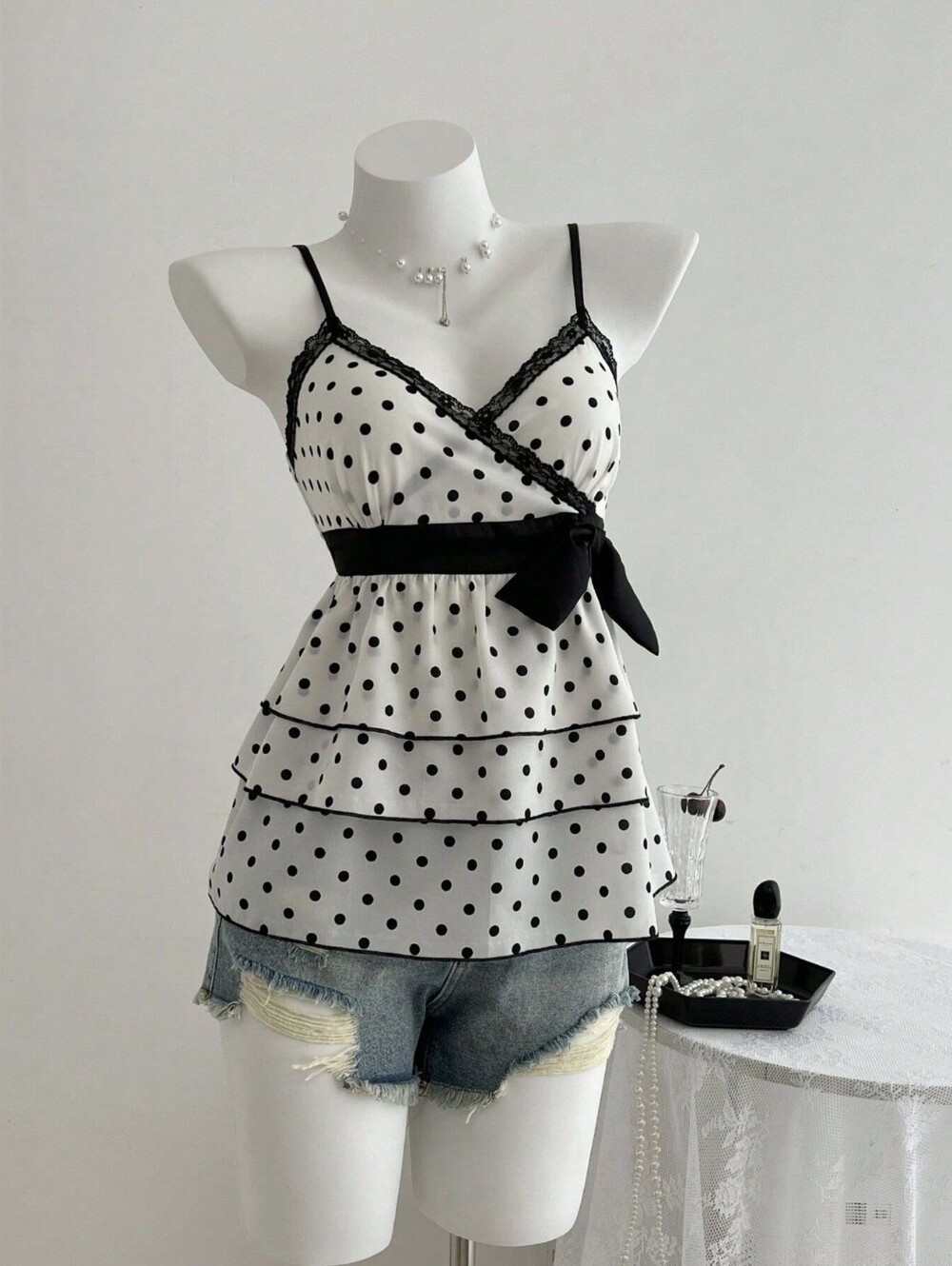 Polka Dot Ruffle Hem Cami Tank Top with Lace Trim